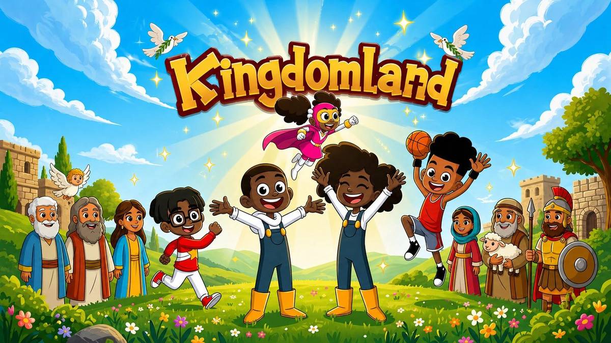 RJ, Rylee and friends from Kingdomland with Bible heroes in a sunny meadow